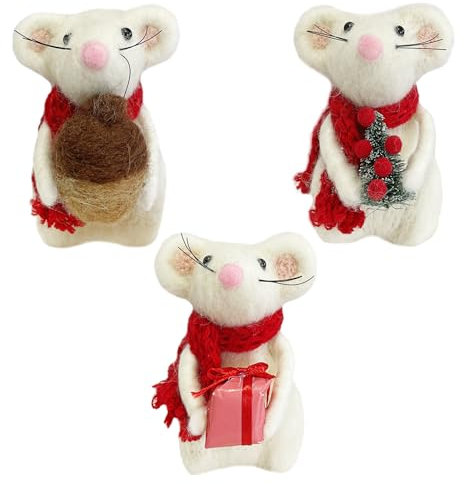 Christmas Decorations Vintage Handmade Felted Wool Mouse - White Christmas Ornaments Felted Animals - Xmas Tree Decoration Set of 3 Mice Chirstmas Decor for Tree Indoor (Rat)