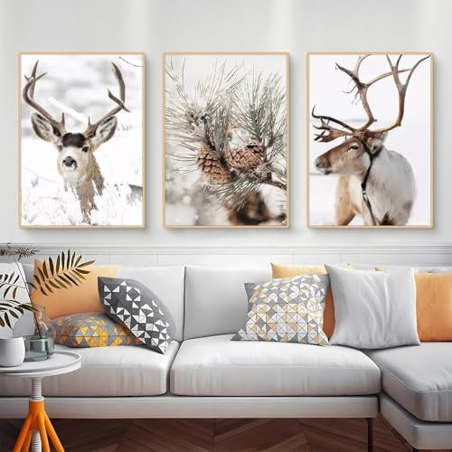 Viusneun 3er Poster Set, Winter Elch Wandbilder Premium Leinwandbilder Kunstdruck Poster Moderne Aesthetic Wandposter für Wohnzimmer Schlafzimmer Ohne Rahmen (40 x 50 cm)