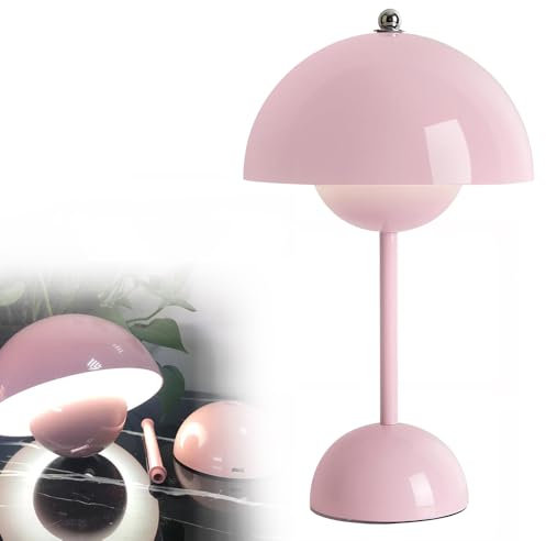 Hojalis LED Flowerpot Tischlampe Kabellos, Touch Dimmbar Pilz Tischleuchte, Pilz Lampe Kabellos mit 3 Helligkeitsmodi, Flowerpot Lampe, Retro Tischlampen LED Kabellos für Schlafzimmer (Rosa)
