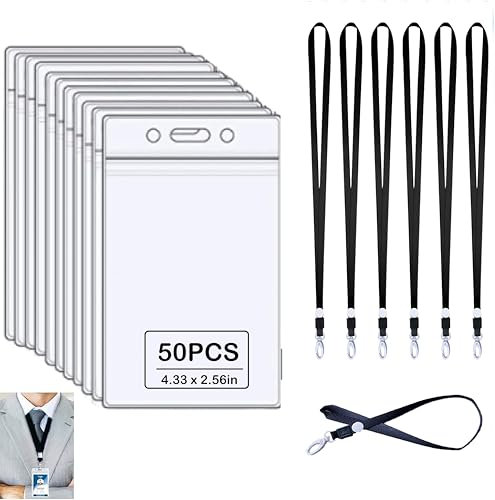 RIASEVI Ausweishülle mit Schlüsselband, 50 Stück Transparente Plastikkartenhalter, Namensschild, Wasserdicht