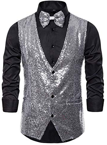 Anzugweste für Herren Glitzer Weste mit Fliege Set Ärmellos Anzugwesten V-Ausschnitt Blazer Pailletten Sakko Glänzende Herrenjacke Anzug Westen Karneval Kostüm für Hochzeit Party Festlich Disco Outfit