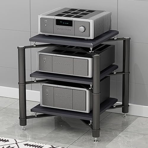 JIAOCKJIAO AV Media Stand, Audio Rack Corner Shelf, Modern Media Storage Cabinet, Open Entertainment Center with Metal Frame, Audio Video Stand with Shock-absorbing Nails(Black,3 tier 70x70x75CM)