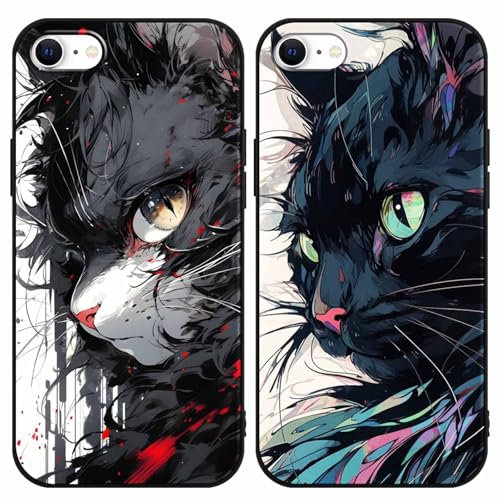 Yimctoie 2 Stück Handyhülle für iPhone 7/8/SE 2020/SE 2022 4,7,Cute Anime Katze Aesthetic Karikatur Muster Case,Cool Schwarz Cat Cartoon Ästhetik Schutzhülle Silikon Hülle TPU Stoßfeste Cover