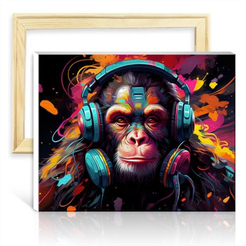 LiHEQING Gemälde auf Leinwand, Fantasy-DJ, Orang-Utan, Gemälde für Erwachsene, mit Pinseln und Acryl, Kunstbild für die Heimdekoration, mit Rahmen (30 x 40 cm)