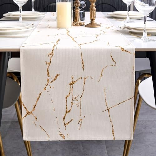 ViaElayu Tischläufer Modern Weiß Gold Marmor Textur Abstrakte Abwaschbar Outdoor Frühling Landhausstil Vintage Bauernhaus Rechteckige Tischdecke Küche Tisch Läufer Party Deko 40x140 cm