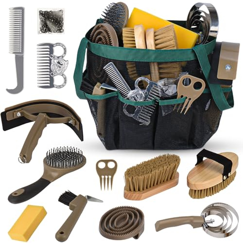 TERPUP Pferdepflegeset, 13-teilig, Pferdebürsten für Fellpflege, Set mit Organizer-Tasche, Pferdebürste und Striegel für effektive Reinigung, Geschenk für Pferde, Reiter, Anfänger