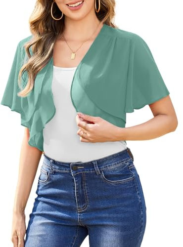 Aottori Damen Chiffon Bolero Festlich ärmellos Elegant Shrug Top Kurze Strickjacke Cardigan Open Front Casual Bolerojacke Schulterjacke Grün XXL