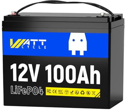 WattCycle Batería de Litio 12V 100Ah LiFePO4 - Grupo BCI 24, 15000 Ciclos, BMS 100A, Protección contra Temperaturas Bajas