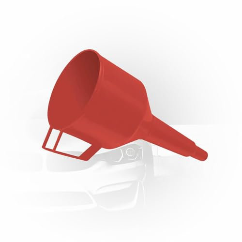 ToM PaR Auto Gerader Trichter I Einfülltrichter I Kraftstofftrichter I Kunststoff Öltrichter I Griff zum Halten I Breiter Kopf I Sicherheitsnetz I Benzin I Diesel I Öl I Waschflüssigkeit | Rot