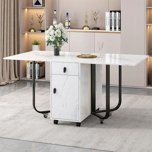 Merax Table à Manger Pliante avec Rangement – Table de Cuisine Extensible avec tiroirs et roulettes – Table Polyvalente Gain de Place en MDF Effet marbre et métal – Blanc/Noir 150x80x76cm