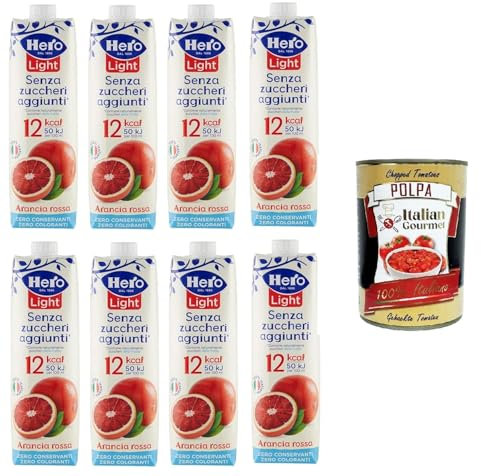 Hero Light Arancia Rossa Blutorange Fruchtsaft Ohne Zuckerzusatz Erfrischendes Erfrischungsgetränk mit Sehr Wenig Kalorien 8x1LT Tetrapack-Format+ Italian Gourmet polpa 400g