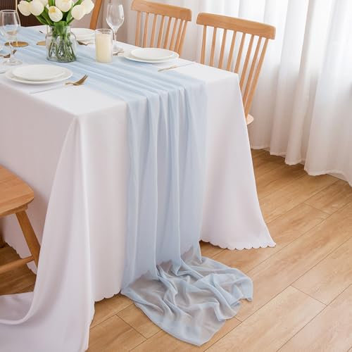 CHUQING Tischläufer Hellblau Chiffon Tischdecke Blau Chiffontuch Querbehang Dekostoff 4m x 70 cm Blauer Läufer Tisch
