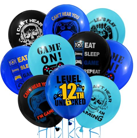 Fesnova Gaming On Luftballons Deko 12 Geburtstag Junge Set,Geburtstagsdeko 12 Jahre Junge,Videospiel-Design, Schwarz,Blau,Türkis,für Kinder Game Thema Party Dekoration