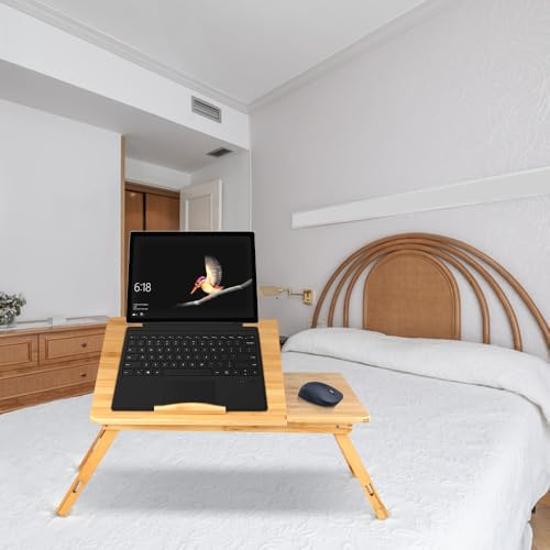 Mesa de Ordenador Portátil Bambú Bandeja de Cama Desayuno Plegable Reclinable Altura Ajustable Soporte Escritorio de Regazo 1 Cajón-66 x 30 x 35 cm B (Color Madera)
