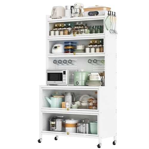 Support à micro-ondes à 6 niveaux avec rangement - Cuisine vintage avec tiroirs - Économie d'espace - Station de café à portes battantes - Étagère utilitaire (blanc)