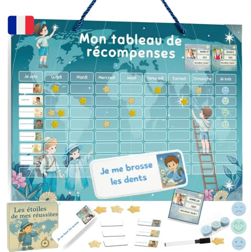 Tableau de Récompense Enfant Magnétique – Routine Matin & Soir 5-12 Ans | Tableau de Comportement et Tâches Enfant | 60 Missions + 10 Libres, 150 Étoiles, 60 Emojis, Organisation routine maison