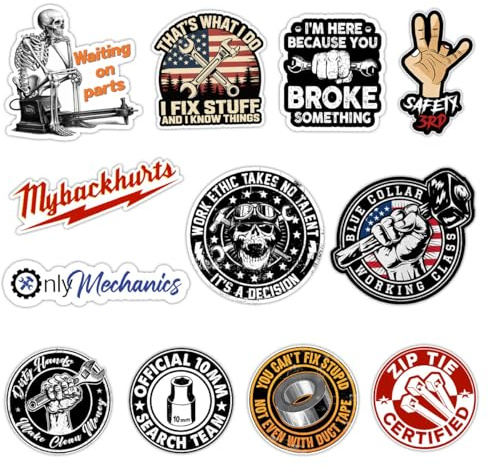 12Pcs-3 Mechanic Sticker Funny Hard Hat Sticker Electrician Welding | Construction Worker Welder Helmet Stickers Diesel Mechanics Gift for Blue Collar Men Car Decal Bottle Toolbox Window (P12)