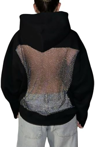 Generisch Damen Hohl Mesh Rücken Hoodies Casual Mode Durchsichtig Langarm Sweatshirt Stirnband Tasche Glitzer Mesh Blusen Damen Oversized Gemütlich Party Pullover Tops