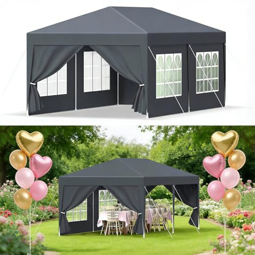 Ferzone Pavillon 3x6M mit 6 Seitenteilen, Gartenpavillon Wasserdicht Stabil Winterfest mit Fenstern, Partyzelt UV Schutz 50+ mit Bodenstift&Windseil für Hochzeit Festival, Schwarz-Anthrazit