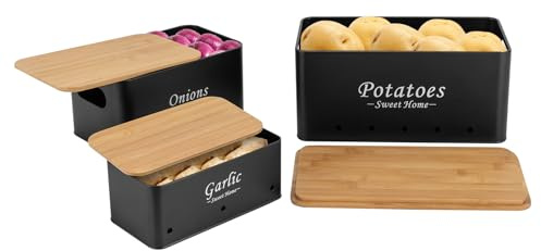 Caja de almacenamiento para patatas, juego de 3 unidades, mantiene las verduras frescas durante más tiempo, olla para patatas, cebolla y olla de ajo, negro, patatas, para guardar cebollas y ajos