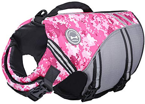 VIVAGLORY Sports Style Schwimmweste Hund, Hundeschwimmweste für Bootfahren, Auftrieb & Schwimmhilfe, Schwimmweste, S, Camo Rosa