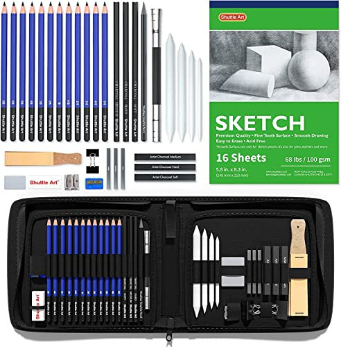 Shuttle Art Zeichenset, 37-teiliges professionelles Zeichenstifte Set, gehören Handtasche mit Reißverschluss, Malset mit Graphitstift, Kohlestift, Skizzenbuch, für Erwachsene und Kinder geeignet