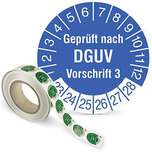 Prüfplakette „Geprüft nach DGUV Vorschrift“ - 2023-2028 - PVC-Folie, selbstklebend Ø 3,0 cm - blau/weiß - Rolle mit 1000 Stück- Mehrjahresprüfplakette - Betriebsausstattung24®