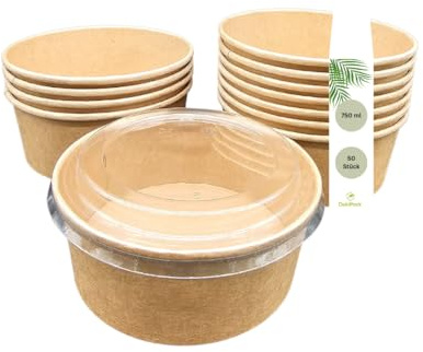 DeinPack 50 Salatschale to go mit Deckel 750 ml braun | Recycelbare Schalen, Kraftkarton Verpackung mit Innenbeschichtung, rPET Deckel wiederverwendbar