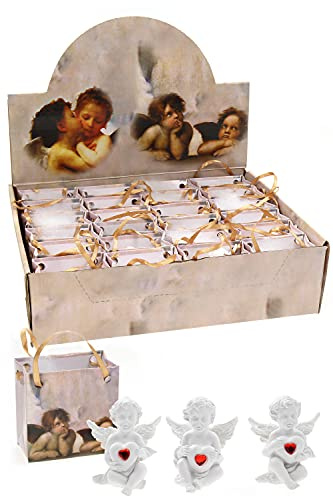 ELLUG 24er Set sitzender weißer Engel mit Herz und rotem Stein in Tüte Schutzengel Glücksbringer H.: 4,5cm