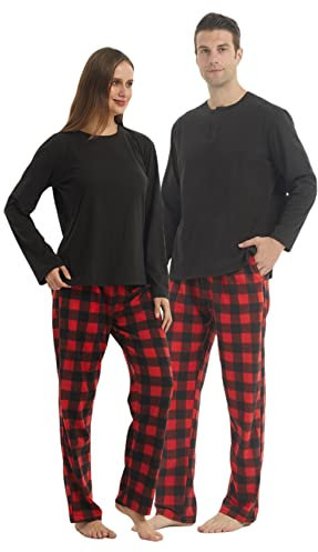 YUSHOW Ensemble de pyjama doux à manches longues pour homme et femme avec haut noir et pantalon de pyjama confortable pour l'hiver, Homme - Noir + Rouge Carreaux Noir, XL