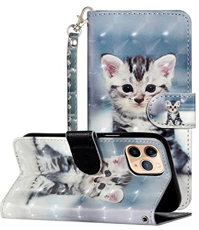 nancencen Handyhülle für iPhone 12 6.1 Hülle, Hochwertiges PU-Material mit Glatter Haptik [Staubdicht] [Magnetverschluss] Vintage Glitzer Leder Cover Flip Case,Kätzchen