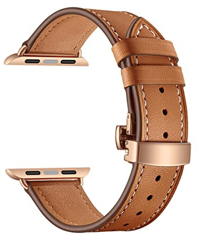 Correa de cuero para Apple Watch Band 41mm 40mm 38mm Correa de cuero genuino Pulsera de repuesto para iwatch Ultra Series 8 7 6 SE 5 4 3 2 1, Botón De Rosa Marrón