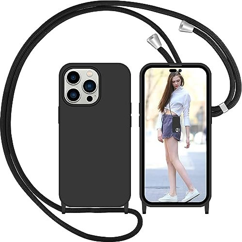 Nupcknn Handykette Hülle für iPhone 14 Pro Hülle TPU Bumper+PC Back Necklace(abnehmbar) Transparent Hülle mit Kordel zum Umhängen Handy Schutzhülle mit Band (Schwarz 1)