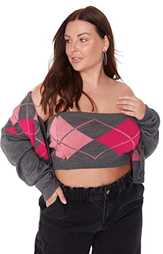 TRENDYOL Damen Square Collar Plaid Relaxed Cardigan Plus Size Pullover, Anthrazit, 4XL EU