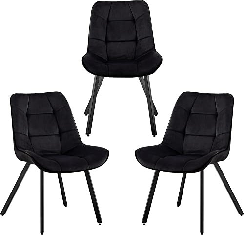 TRISENS Samtstühle Stoffstühle Polsterstuhl Esszimmerstühle Küchenstühle aus Samt Metallbeine (Schwarz, 3 Stück)