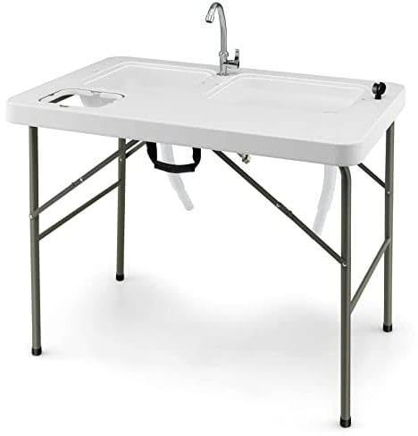 GYMAX 3 en 1 Mesa Plegable Camping Multiusos, Estación de Limpieza de Pescado con Fregadero y Grifo, Mesa de Picnic Portátil para Pesca, Barbacoa, 101,5 x 65,5 x 107,5 cm