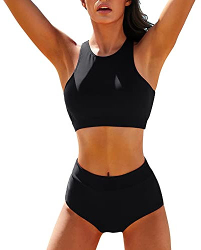 Damen High Waist Bustier Bikini-Sets Racerback Swim Top Bikini Oberteil mit Triangel Swim Shorts Elegant Zweiteiliger Badeanzug Strandmode Swimsuit
