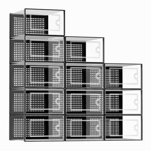 Kuject Shoe Organizers Storage Boxes for Closet, 12 Pack Clear Plastic Stackable Storage Bins with Lids, Under Bed Shoe Containers for Entryway, Drop Front, Fit up to Women's Size 10,Black