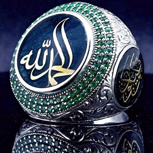 AVFORA Trendy Religiöser Islam Muslim Rune Letter Pattern Ring Herrenring Böhmischer grüner Kristall eingelegter Ring Partyschmuck