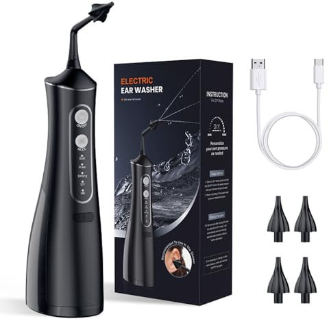 Earwax Removal kit, Rechargeable Electric Earwax Remover, Hydraulic Earwax Flushing System and Safe and Effective Ear Cleaning, with Disposable tip and Ear Hanging Basin (9+1 Disposable tip)(Black)