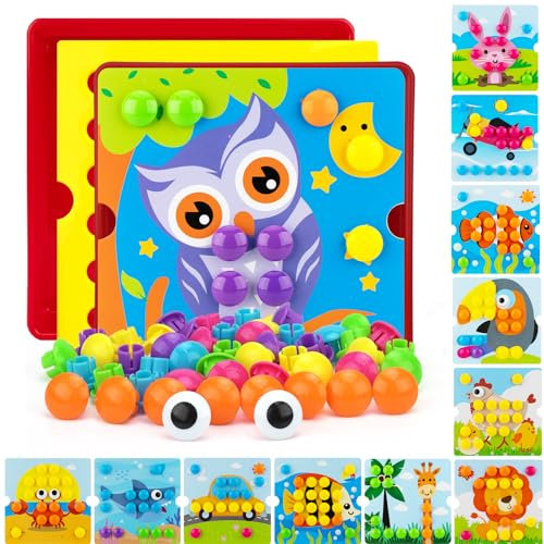 AluAbi Button Art Spielzeug für Kleinkinder, Basteln für Alter 3–5 Jahre, frühes Lernspielzeug, farblich passende Mosaik-Stecktafel, Feinmotorikspiel, Vorschul-Lernaktivität, Geschenke für Jungen und