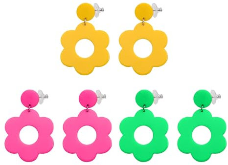 CYNOSURETECH 3 Pairs of Earrings, Yellow, Rose Red, Green, Chrysanthemum, Retro, Acrylic, Neon, Ladies and Girls Earrings