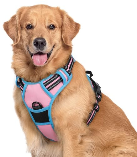 rabbitgoo Hundegeschirr Mittelgroße Hunde, Anti Zug Geschirr mit Kontrolle, No Pull Verstellbar Hundegeschirr Grosse Hunde, Atmungsaktiv Reflexstreifen Brustgeschirr Sichere Führung Rosa+Blau XL