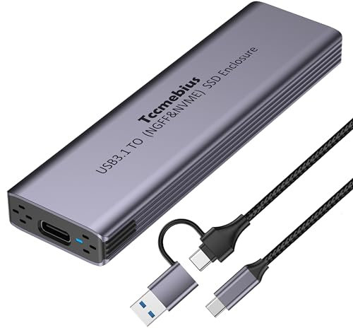Tccmebius M.2 NVMe NGFF SSD Enclosure, Aluminum USB 3.1 Gen2 10Gbps External SSD Case for NVMe PCIe SATA M and M&B Key in 2230/2242/2260/2280, With 2-in-1 USB A/C Cable, Support UASP & Trim (TCC-S186)