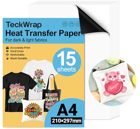 TECKWRAP Printable Heat Transfer Paper for T-Shirts 15 Sheets, 8.3 X 11.7 Printable Heat Transfer Vinyl for Inkjet Printer, Iron on Transfer Paper for Light and Dark Fabric (Matte White)