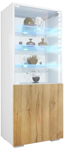 Vladon Vitrine Granada, Made in Germany, Vitrinenschrank mit Glastür und Glaseinsatz inkl. LED, Weiß matt/Eiche Natur (50 x 122,5 x 34,5 cm)