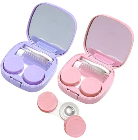 Contact Lens Cases,2 Pcs Contact Lenses Applicator with Mirror, Pink,Purple Contact Lenses Case Box for Soft Lenses,Contact Lens Case for Travel with Tweezers and Solution Bottle
