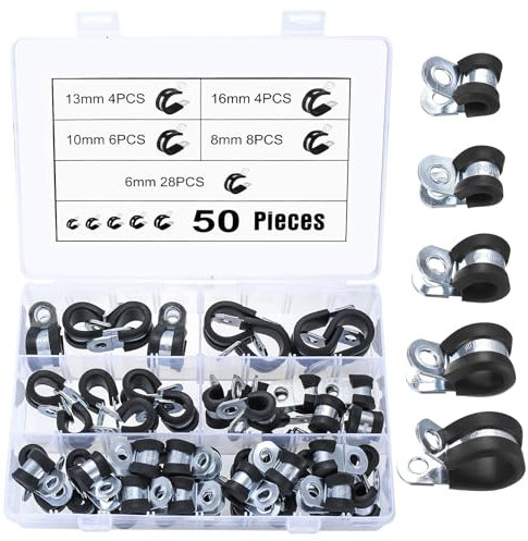 50 Pz Morsetto a P per Tubo Flessibile, Fascette Fermacavo in Gomma, Fascette Stringitubo con Gomma, Morsetto per Tubo Cavi con Inserto di Gomma - 6 mm, 8 mm, 10 mm, 13 mm, 16 mm