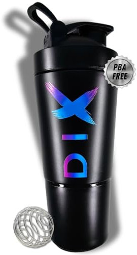 DIX - Protein Shaker 750 ml - Aus Edelstahl mit 60 g Fach für Pulver - Sportflasche - BPA-frei (SCHWARZ)