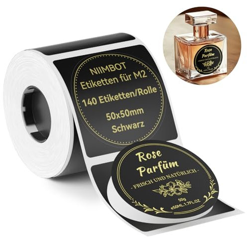 NIIMBOT Thermotransfer-Etiketten, 50x50mm Selbstklebendes Etikettenband für M2 Etikettendrucker, Wasserdicht Hohe und niedrige Temperaturbeständigkeit Etiketten für Büros, Außenanlagen, Rund, Schwarz